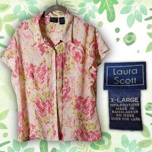 Laura Scott XL Floral Button-Down Shirt Pleated Short Sleeve Blouse Pink/Green